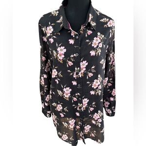 Fluent Life lightweight 100% cotton black floral button front blouse, size XL.